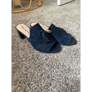 Karl Lagerfeld Paris Navy Suede Tassel Mule Block Heel Womens